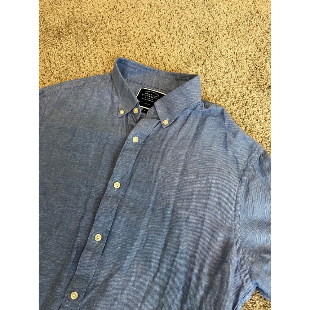 Charles Tyrwhitt Mens Short Sleeve Shirt L Blue Slim Fit Cotton Linen Blend